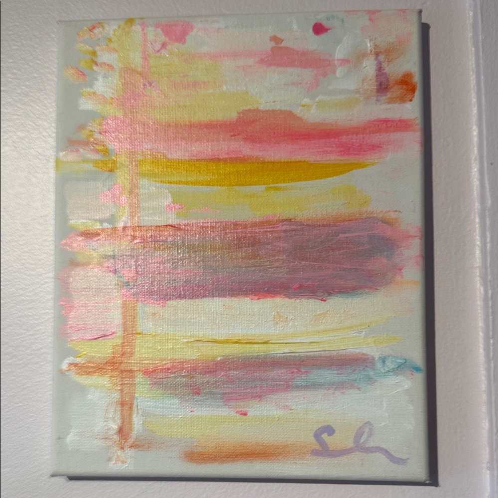 Sarah Shirley original Soft Pastel Stripe Canvas Painting - Pink, Yellow, Cream
